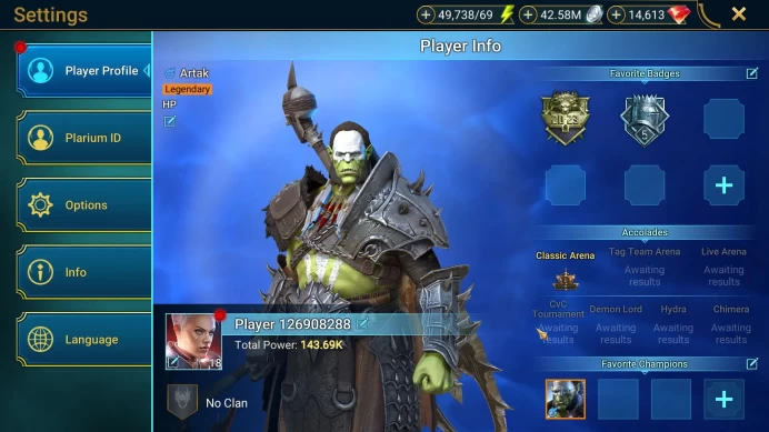 Lv 18 143K Power|1 Mythical(The Calamatus)14 Legendary(Auditore,Xenomorph,Michelangelo,Rathlos)49k Energy|Plarium(RSL1229)