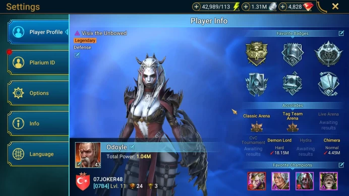 Lv 43 1,04M Power|1 Mythical(Galathir)22 Legendary(Auditore,Predator,Roxam,Xenomorph,Dracomorph)42,9k Energy|Plarium(RSL1234)