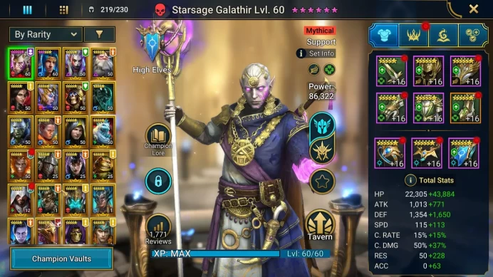 Lv 45 1,18M Power|1 Mythical(Galathir)24 Legendary(Auditore,Turvold,Blizaar,Bystophus,Saito,Brago)58k Energy|Plarium(RSL1233)