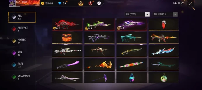 Lv 68 / 3 ARTIFACTS Gun's (1 Max) / Emote 39 / cod 40