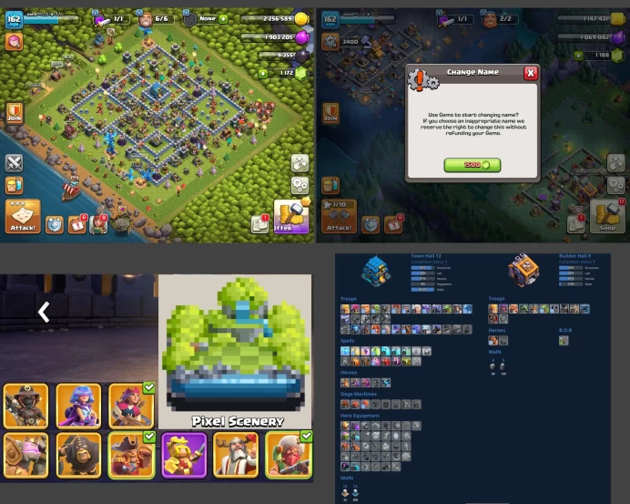 ■TH:12 (+70%) ■Heroes: K48 Q48 P20 W20 ■Skins:10 ■Builders:6 ■BH:9 ■Full Access ■Instant Delivery ■A6002