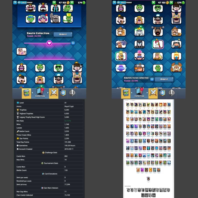 ■LVL:41 ■Years Played:9 ■Cards:105 ■LVL14:14 ■LVL13:8 ■Emotes:33 ■HT:6363 ■CN:1000gems ■Full Access ■Instant Delivery ■A6065