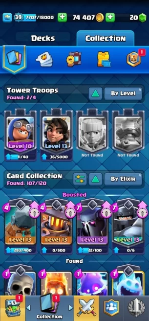 Clash royal (Android/iOS) KT 13 - lvl 39 - Cards107 /120 - Max Card 2 _lvl 13 card 4 /Emote 41 / skin tower 1 /Fast delivery/Cheap sale