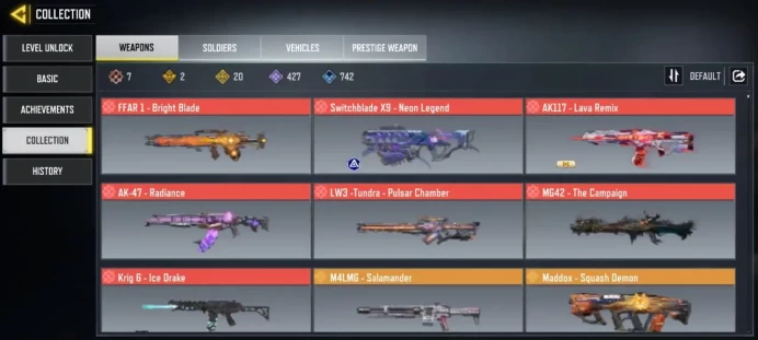 LEVEL 400 { INSTANT DELIVERY } { 7 Gun Mythic  } { 20 Gun legendary } { 1 Character Mythic } { 2 Character Legend } { 430 Gun epics } 