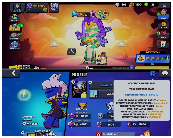 OP BS 41.9k TROPHY, 98/99  UNLOCKED, 31 HYPERCHARGED, 6 MAXED BRAWLERS , 294 OP SKINS [6 MYTHIC+4 LEGENDARY+6 HC] , 724 PINS, 324 ICON,178 SPRAY