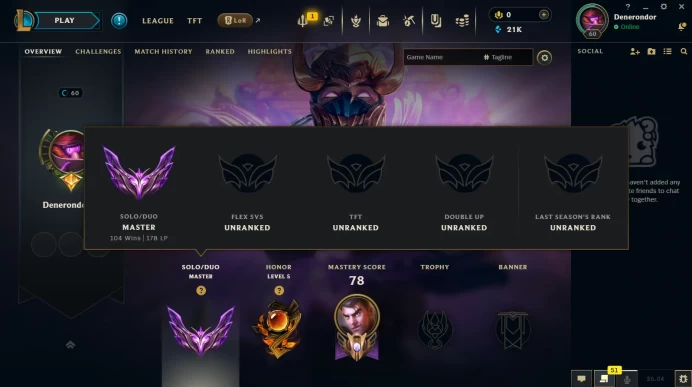 Euw // Master : 178 lp / 2026 S1 / lvl 60  // 21K BE // HANDMADE 2021 // Full access //42 Champion // 5 skins