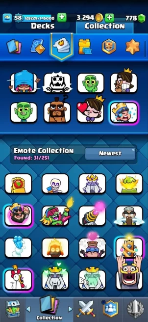 Clash royal (Android/iOS) KT 15 - lvl 58 - Cards121/121 - Max Card 3 _ elite Card 3/lvl 14/15 Emote31 /evo card 7/skin tower 4 /Fast delivery/C