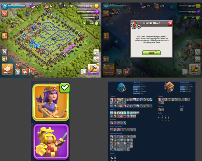 ■TH:12 (+75%) ■Heroes: K53 Q55 P30 W29 ■Skins:2 ■BH:7 ■Full Access ■Instant Delivery ■A6033