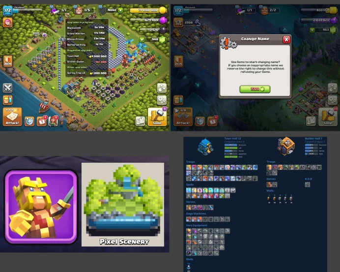 ■TH:12 (+85%)(Walls/Lab max) ■Heroes: K46 Q58 P31 W28 ■Skins:2 ■SW:1140 ■BH:7 ■Full Access ■Instant Delivery ■A6034