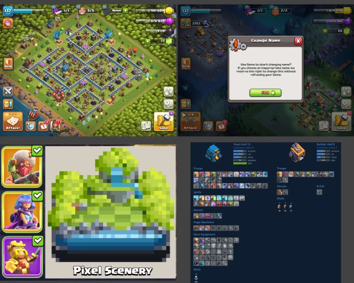 ■TH:12 (+70%)(Walls max) ■Heroes: K47 Q49 P20 W19 ■Skins:4 ■BH:8 ■Full Access ■Instant Delivery ■A6052