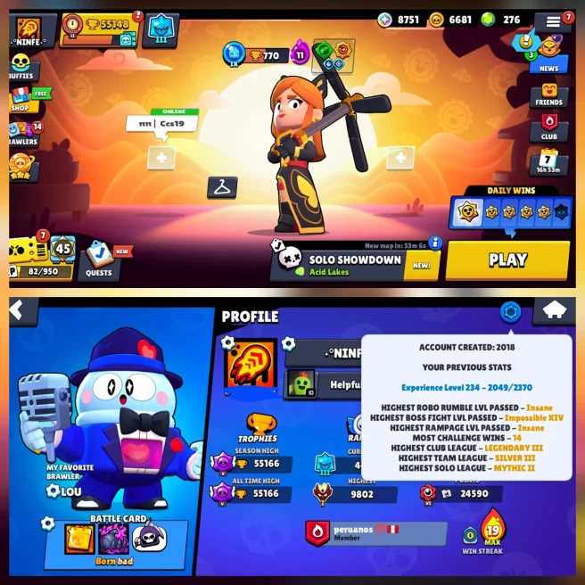 BS 55.1k TROPHY, 99/99 UNLOCKED, 52 HYPERCHARGED, 8 MAXED, 312 OP SKINS [11 MYTHIC+6 LEGENDARY+3 HYPERCHARGED] , 618 PINS, 367 ICON,200 SPRAYS