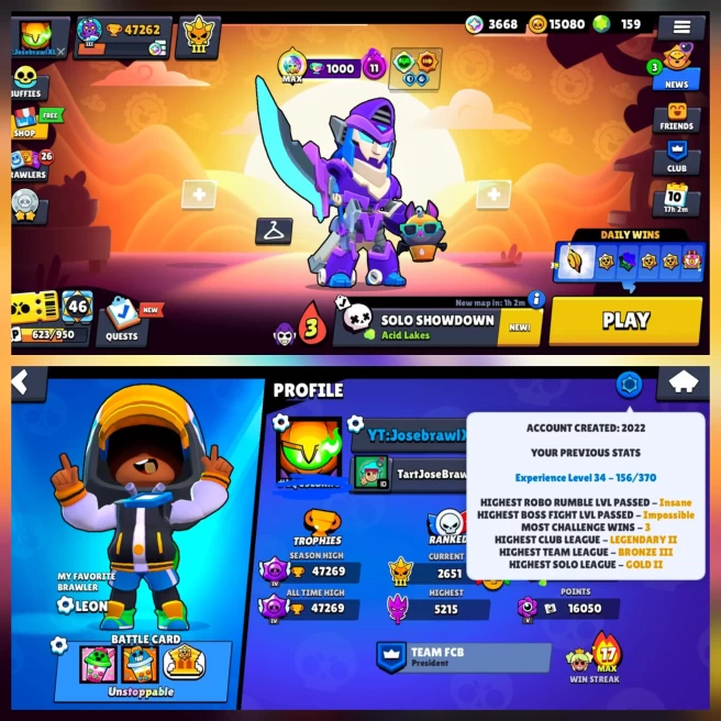 BS 47.2k TROPHY, 99/99 UNLOCKED, 20 HYPERCHARGED, 6 MAXED, 274 OP SKINS [11 MYTHIC+7 LEGENDARY+7 HYPERCHARGED] , 630 PINS, 307 ICON,181 SPRAYS
