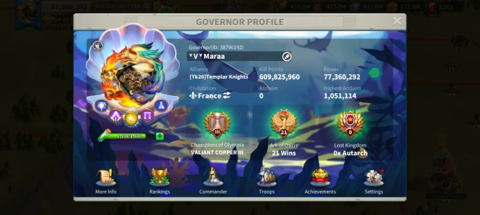 77M Power - 10 Legendary Commanders Max Skills - VIP 15 - Ready to Migrate - 13 Legend Equip(2 Marches T5: Infa & Cava) - Profile Theme #429