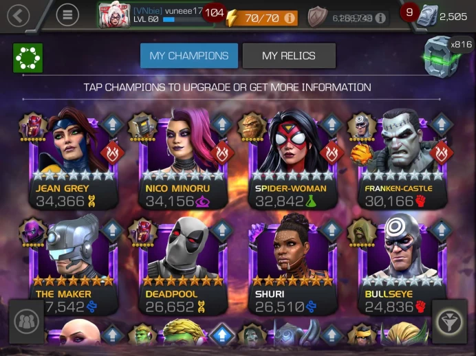 **SALE OFF 390$ to 250$ ** - MCOC349 Lv 60 - Rank Valiant - RACTING 2M7 - ACTIVE BOOSTS 1-8 - Heros - 73 Champ 7* - 172 6*