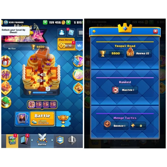 [ LIFETIME WARRANTY ] – LVL 59 | King Tower 15 | [10] Lv15 Cards | [54] Lv14 Cards | 11 Evolutions | [180] Emotes | Push Ready