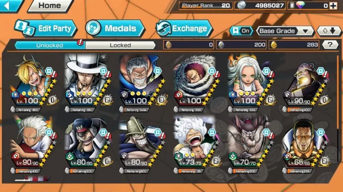 BR671-IOS+Android-Garp Boost 3+5 Ex(Lucci+Snake+Gear 5+Kizaru)+Good Medal+Support 146%+Egg Sanji Max+Donflamingo Max+Pacifista+S-Hawk+Jabra+Dorr