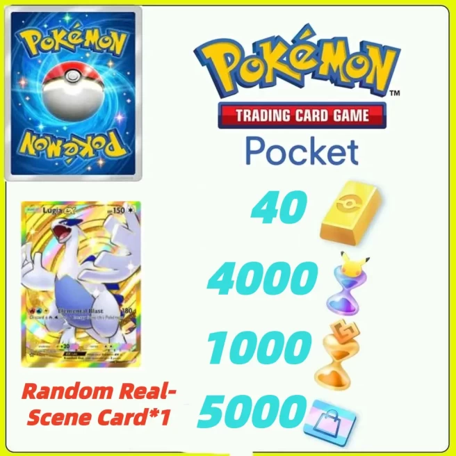 Global Server /Lugia + Pokémon Gold Bricks*40 - Pack Opening Hourglass*4000- Challenge Hourglass*1000-Shop Ticket×5000 -Real Scene Card*1/Androi