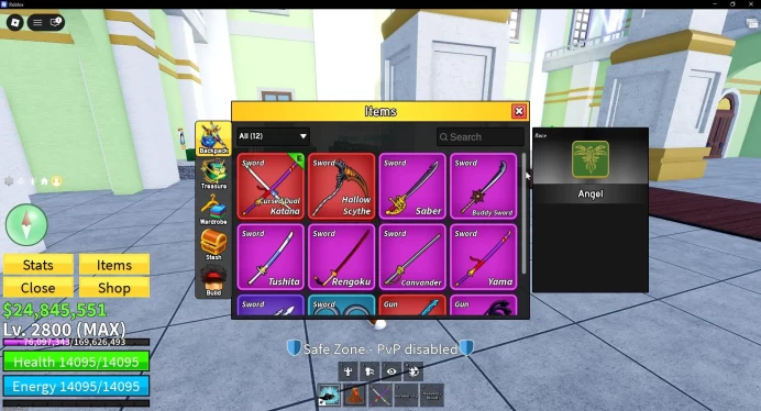 Blox Fruit|Lv 2800| Angel V4| 3 Myth WP (CDKatana,HScythe,SGuitar) + 3 Myth Fruits (Shadow,Gas,Gravity) +SharkmanKarate (RBL865)