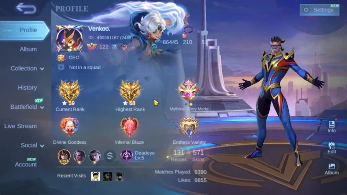 Hero 131|Skin 571|Legend[Valir,Lunox],Dawning Bruno,AllStar Mozkov,3 Aspirant,4 KOF,22 LuckyBox,etc|TakeEmail|CheckSS|MLBB2031