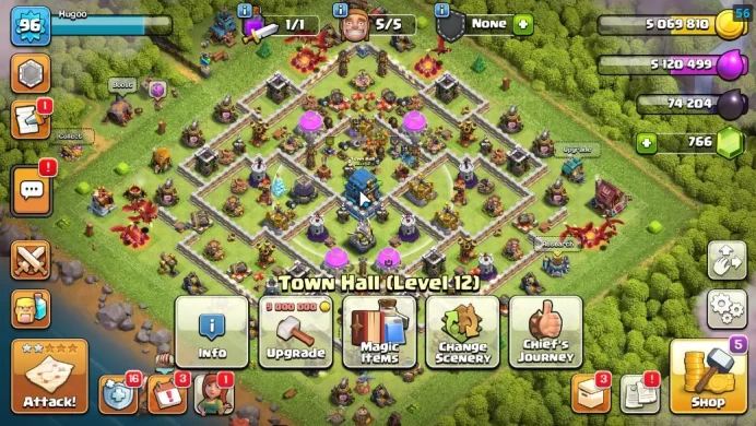 TH 12 -BH 6|LV 96|HH 6|BK 52,AQ 53,GW 21,MP 35,RC 0|781 Gems|CN ON|Protect OFF|TAKE MAIL(COC1998)