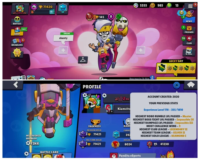 BS 71.4k TROPHY, 99/99 UNLOCKED, 62 HYPERCHARGED, 6 MAXED, 361 OP SKINS [12 MYTHIC+12 LEGENDARY+6 HYPERCHARGED] , 985 PINS, 396 ICON,215 SPRAYS