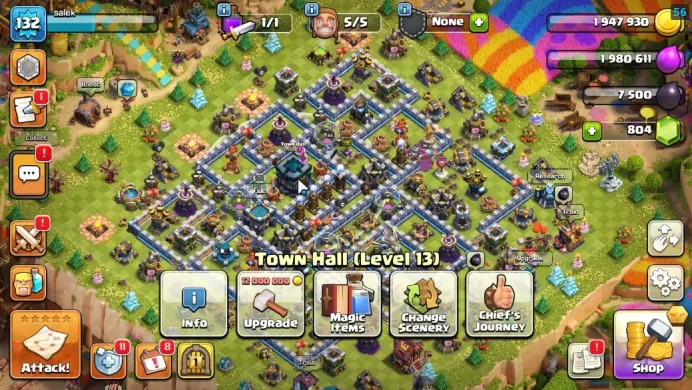 TH 13 -BH 7|LV 132|HH 7|BK 57,AQ 64,GW 35,MP 44,RC 9|819 Gems|Painted Scenary|CN OFF|Protect OFF|TAKE MAIL(COC1999)