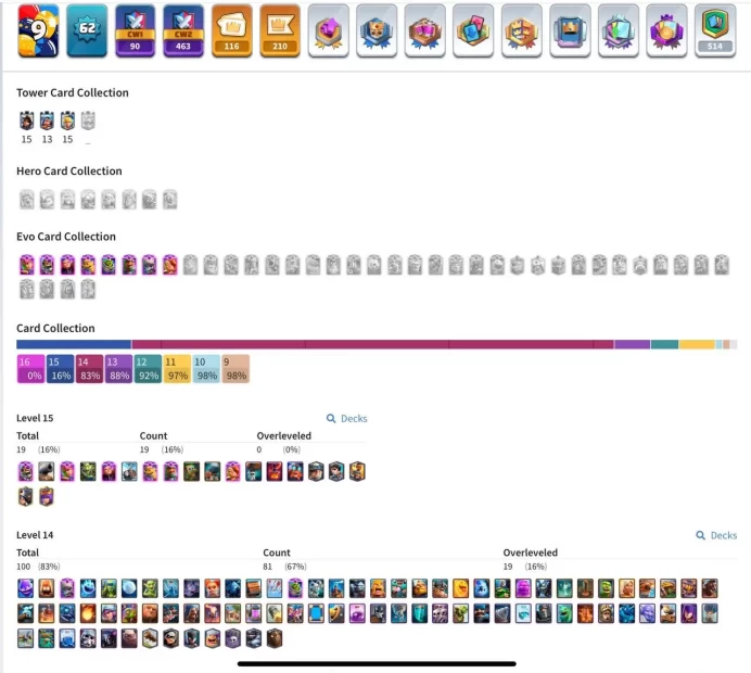 [ LIFETIME WARRANTY ] – LVL 62 | King Tower 15 | [19] Lv15 Cards | [81] Lv14 Cards | 8 Evolutions | [116] Emotes | Push Ready 