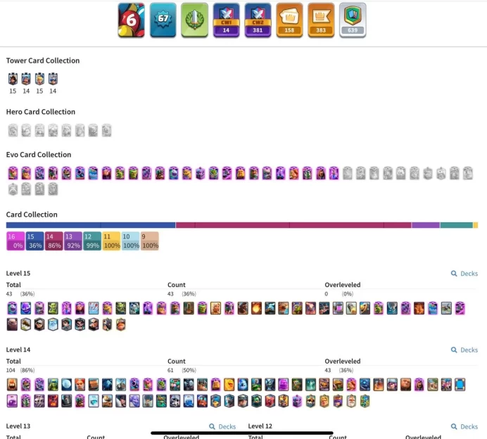[ LIFETIME WARRANTY ] – LVL 67 | King Tower 16 | [43] Lv15 Cards | [61] Lv14 Cards | 25 Evolutions | [158] Emotes | Push Ready