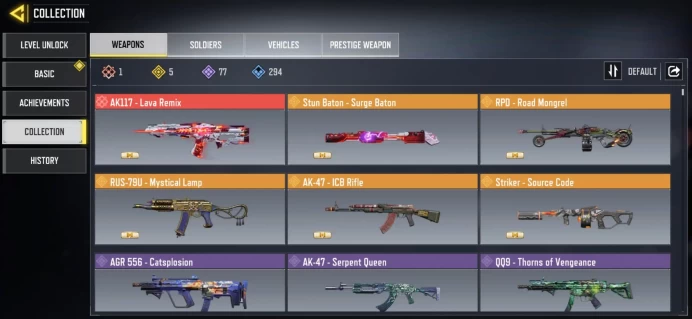 mythic gun 1 | legend gun 5 | LVL 400 | Epic Guns 77 | character Epics 33 | C: 12K |  code 6607  | Saved:Activision