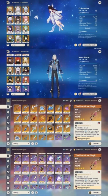 All Platform - EU - AR60 - 93 Character 45 5'Star - 26 Weapon 5'Star - Neuvillette + Skin - Diluc + Skin - Skirk - Columbina - Flins - 1476 Days