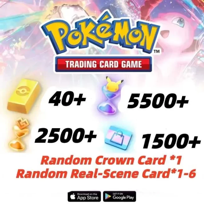 Global Server / Pokémon Gold Bricks*40 - Pack Opening Hourglass*5500- Challenge Hourglass*2500- -Real Scene Card*1-6+Random Crown Card *1/Androi