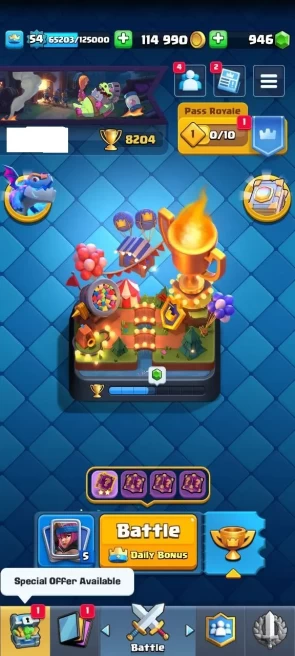 KT 14 Level 54 | 8204 Cup | 59 Max Card | 3 Elite Card | 38 Emotes | 946 Gems
