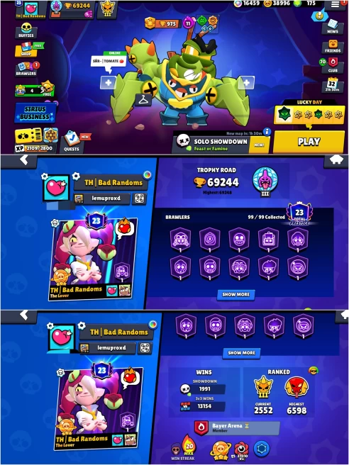 SEXXY BS 69.2k TROPHY, 99/99 UNLOCKED, 41 HYPERCHARGED, 3 MAXED,323 OP SKINS [11 MYTHIC+8 LEGENDARY+5 HYPERCHARGED] ,882 PINS,422 ICON,211 SPRAY