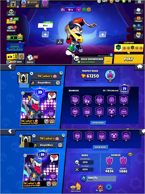 SEXXY BS 61.2k TROPHY, 94/99 UNLOCKED, 31 HYPERCHARGED, 2 MAXED, 267 OP SKINS [8 MYTHIC+8 LEGENDARY+5 HYPERCHARGED] ,639 PINS,368 ICON,174 SPRAY