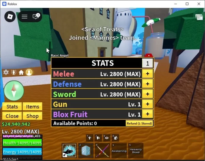 Blox Fruit|Lv 2800|Angel V4|3 Myth WP(SGuitar,HScythe,CDKatana)+2 Myth Fruits (Shadow,Dough) |TakeMail| Check SS (RBL870)