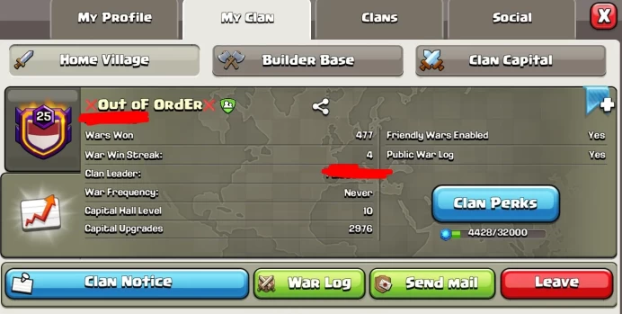 # CAPITAL HALL 10 # | Clan Level 25 | Name: X Out oF OrdEr X | Awesome Name | Wins 477 ,Losses 342 | Crystal 3