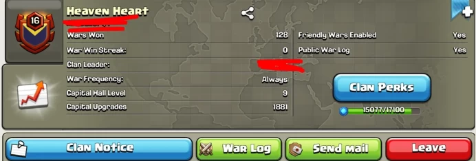 # CAPITAL HALL 9 # | Clan Level 16.8 | Name: Heaven Heart | Good Name | Wins 128 ,Losses 68 | Crystal 3