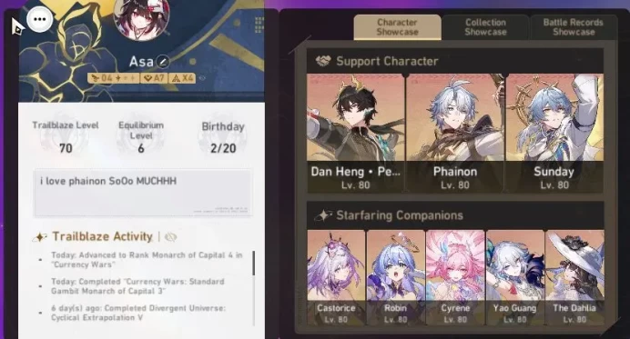 Asia|TL 70|Phainon Premium Team|16 Limited|[Yao Guang,Evernight]+Sign,Cyrene,TheDahlia,Feixiao,etc|Check SS|Take Mail (HSR5741)