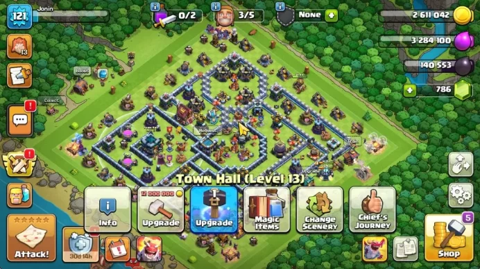 TH 13 - BH 6|Limited Skin|LV 121|HH 7|BK 57,AQ 65,GW 33,MP 43,RC 19|CN OFF|Protect OFF|TAKE MAIL(COC2026)