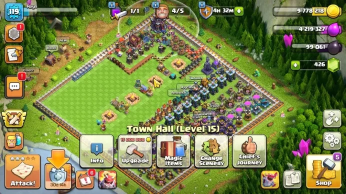 TH 15 - BH 7|Limited Skin|LV 119|HH 7|BK 39,AQ 41,GW 23,MP 42,RC 14,DD 0|CN OFF|Protect OFF|TAKE MAIL(COC2028)