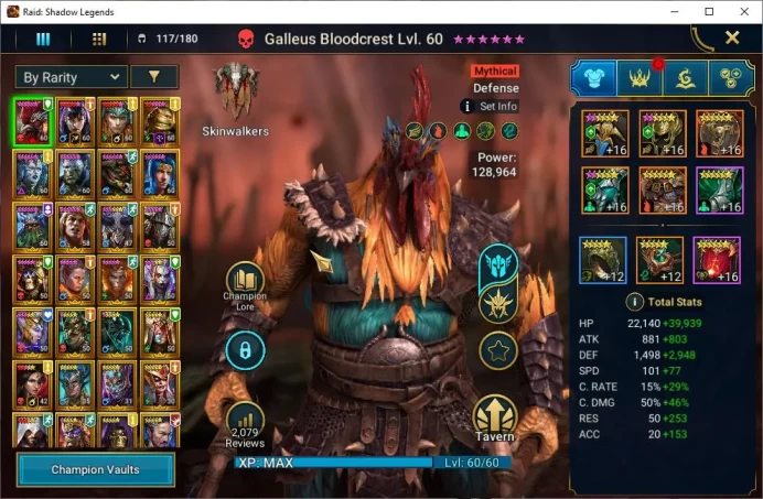 Lv58 1,9M Power|1 Mythical (Galleus)|29 Legendary (Alice,Ninja,Mithrala,Rathalos,Wukong,Kymar,Etc)|13K Energy|Plarium|(RSL1248)