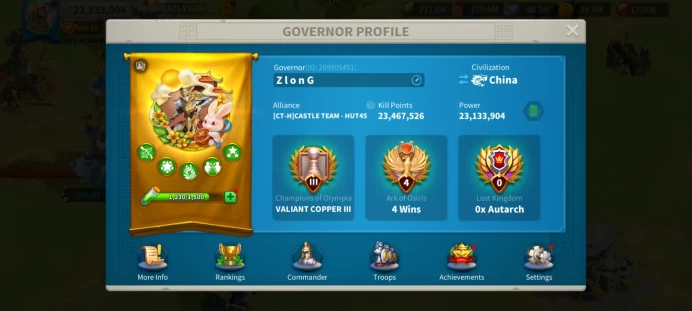 23M Power - KD 3925, Can Migrate to all KD in Offseason KVK 2 - Charles Martel 5513, 101 Golden Heads - 17K Gems - 1.2Bil RSS, 170 Days S U #434