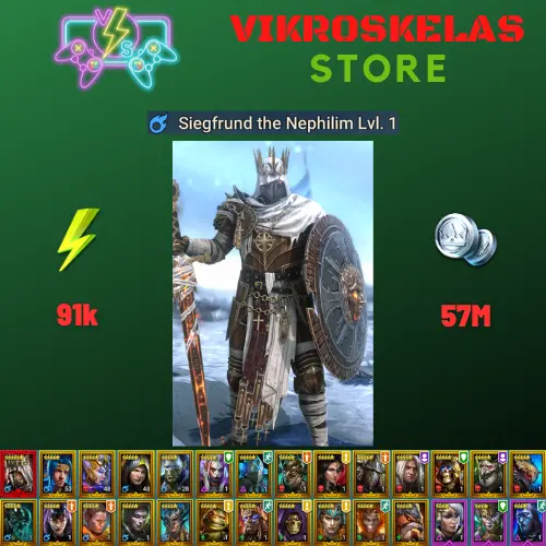 Starter with Mythical - Siegfrund : 91k energy / 57 mln coins / Alsgor, Gurgoh, Var-Gall, Arix, Ninja + 19 Login Legendaries