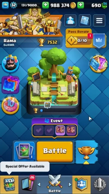 Lv 32|Trophy 7532|KTL 11|Limited Skin|Card 121| 1 HERO 4 EVO 8 Champs 21 Legendary 33 Epic 30 Rare 29 Common|Take Email(CR1543)