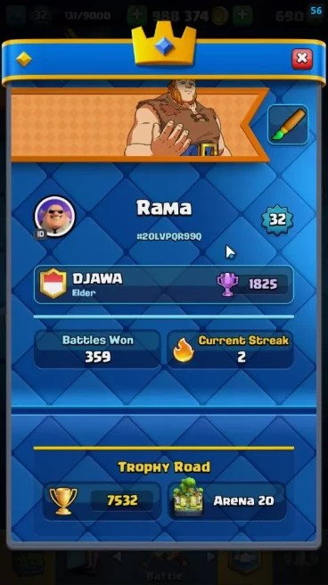Lv 32|Trophy 7532|KTL 11|Limited Skin|Card 121| 1 HERO 4 EVO 8 Champs 21 Legendary 33 Epic 30 Rare 29 Common|Take Email(CR1543)
