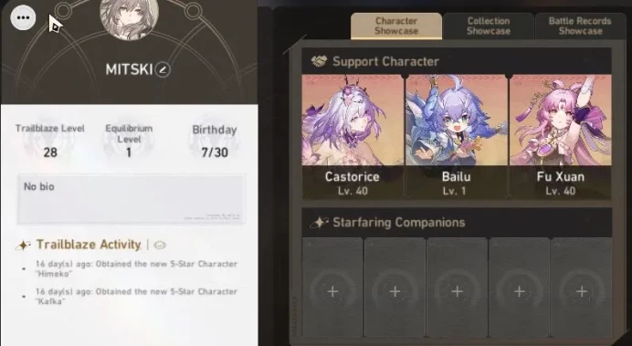 Asia|TL 28|4 Limited| Castorice,Kafak,Archer,DanHeng PT  |2 Golden Companion|Jarilo-VI|Female MC|Check SS|Take Mail(HSR5764)