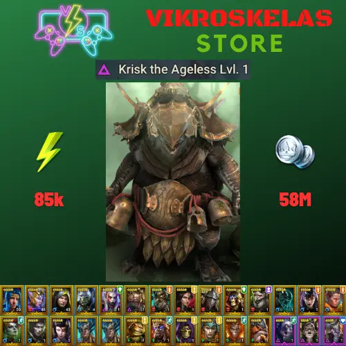 Starter acc with Krisk : 85k energy / 58 mln coins / Lady Kimi, Morrigaine, Arix, Ninja + 19 Login Legendaries / Fahrakin