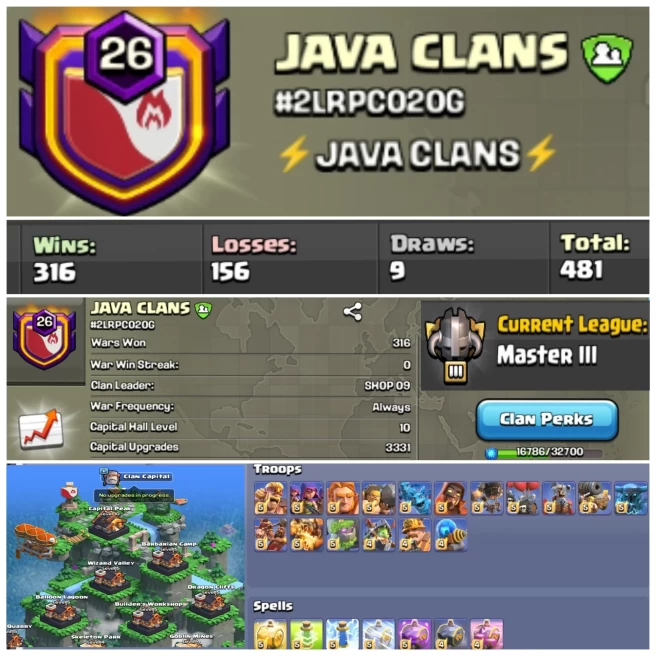 C21◆Name: JAVA CLANS◆Lvl 26◆CWL: Master 3◆Capital Hall Fully Max 3331 Update◆Positive War Log: 316 Win 156 Loss◆High Lvl Clan