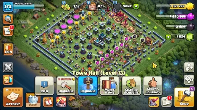 TH 13 MAX - BH 7|Limited Skin|LV 173|HH 7|BK 67,AQ 75,GW 50,MP 43,RC 25|CN OFF|Protect OFF|TAKE MAIL(COC2030)