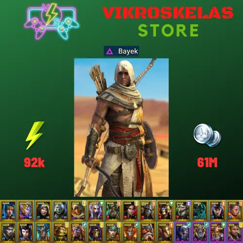 Starter acc with Bayek : 92k energy / 61 mln coins / Lady Kimi, Royal Huntsman, Arix, Ninja + 19 Login Legendaries / Gala